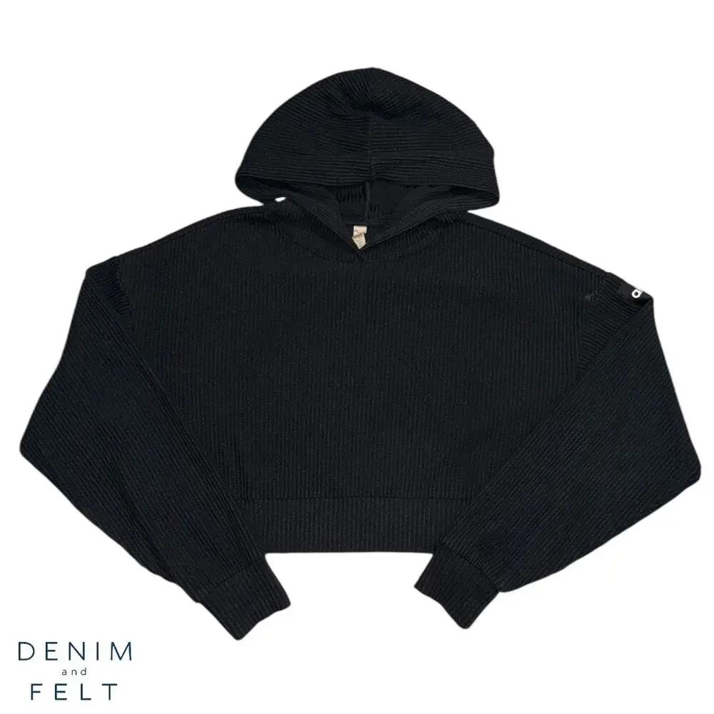 Alo Yoga Muse Hoodie Black Cropped Ribbed Lounge Sweatshirt XS Soft Plush Studio